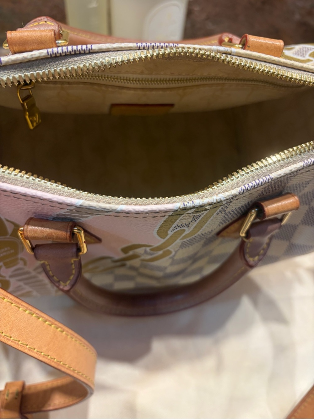 Louis Vuitton Damier Azur Satchel with Tan Leather Trim and Gold Chain Motif - Picture 6 of 8